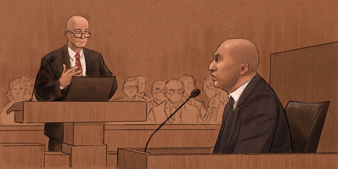 A courtroom sketch of J. Alexander Kueng testifying on February 17, 2022. The former officer said Derek Chauvin made a joke while restraining George Floyd. 