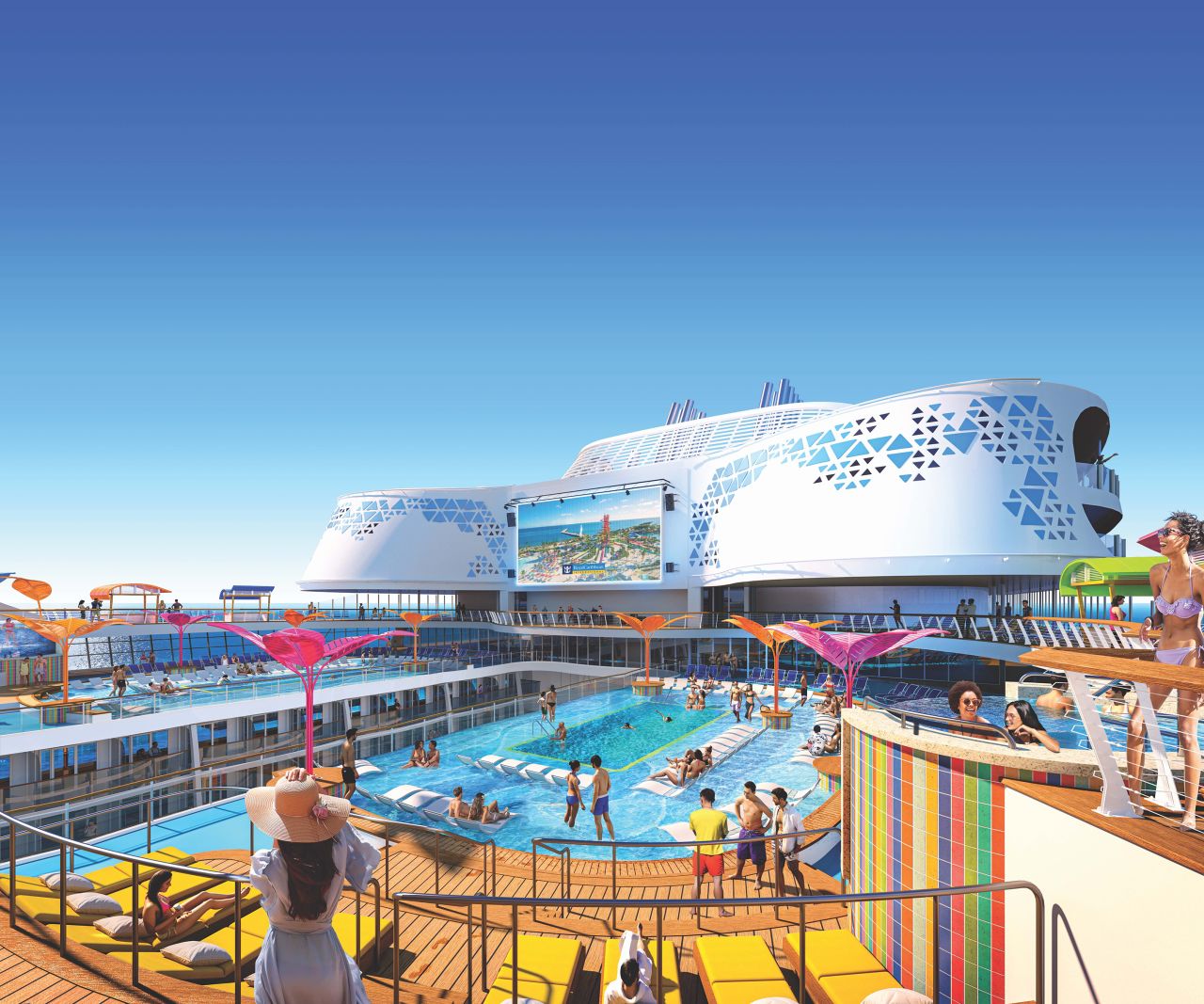<strong>Welcome addition: </strong>"We're excited to introduce guests across the world to Wonder of the Seas and its world-class features after a six-year-long process," Mark Tamis, senior vice president of hotel operations at  Royal Caribbean International tells CNN Travel. This rendering of the pool deck shows what life could be like on board Wonder of the Seas.