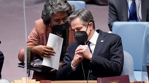 US Secretary of State Antony Blinken confers with US Ambassador Linda Thomas-Greenfield during a meeting of the United Nations Security Council on February 17, 2022.