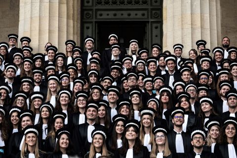 French justice auditors, graduates of the French National School for the Judiciary, pose at the Palias Thiac courthouse in Bordeaux after they were sworn in as new magistrates on Thursday, February 10.