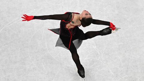 Kamila Valieva competes in the women's single skating free skating of the figure skating event during the Beijing 2022 Winter Olympic Games at the Capital Indoor Stadium in Beijing on February 17, 2022. 