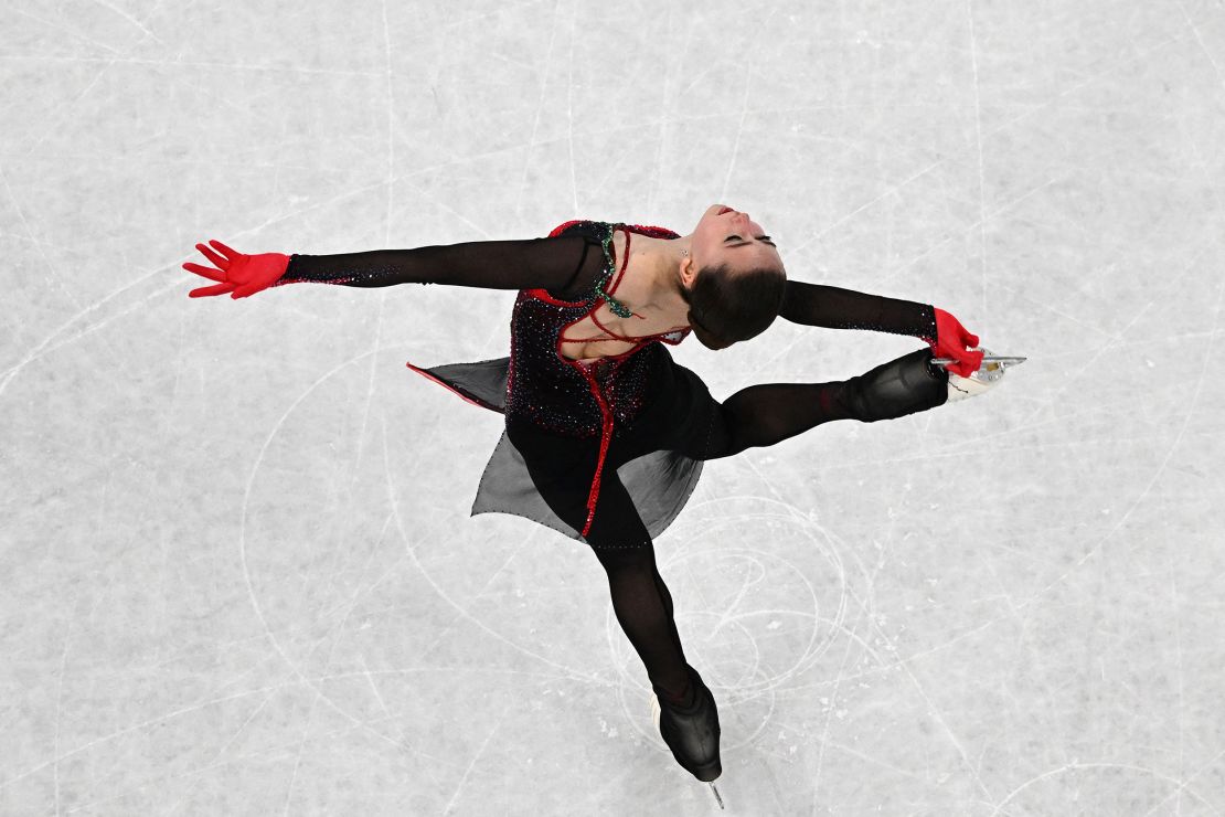 Kamila Valieva competes in the women's single skating free skating of the figure skating event during the Beijing 2022 Winter Olympic Games at the Capital Indoor Stadium in Beijing on February 17, 2022. 