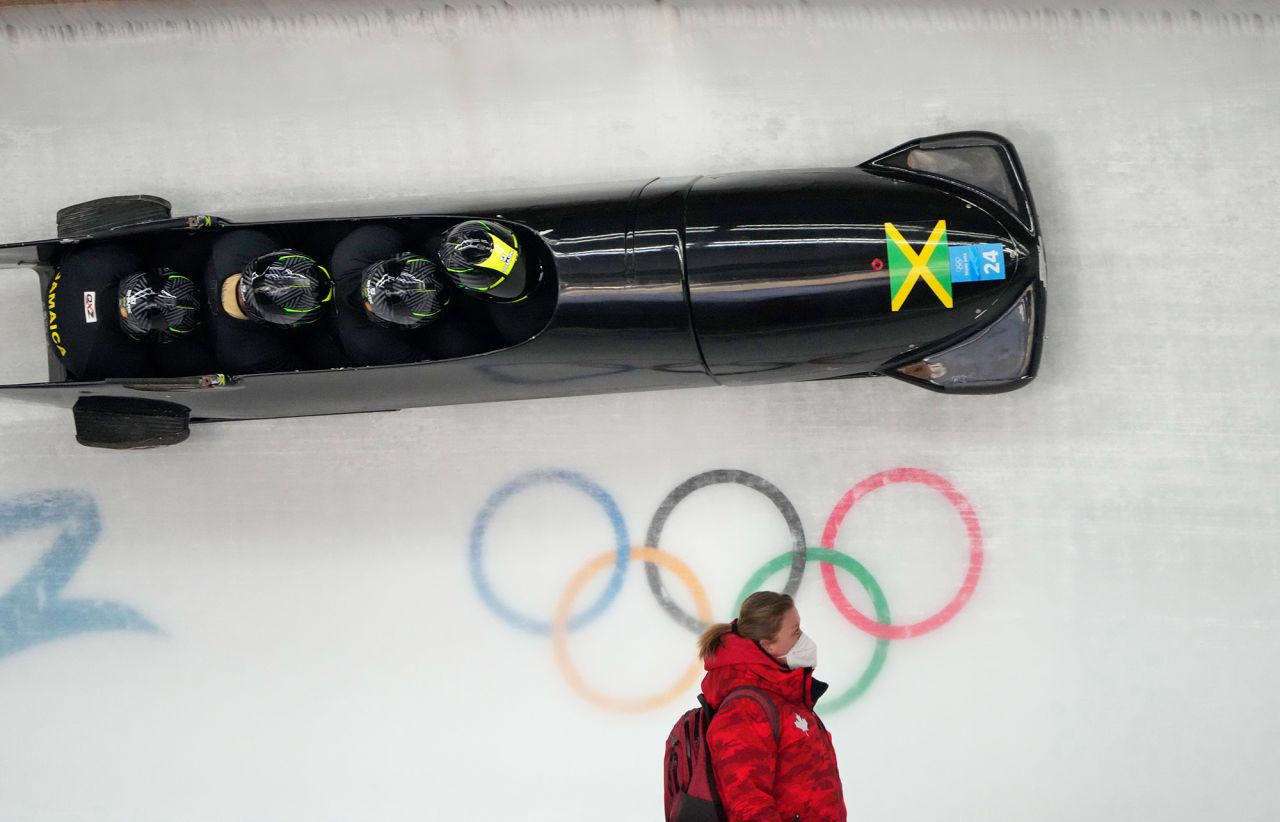 Jamaica's four-man bobsled team, piloted by Shanwayne Stephens, makes a training run on Thursday, February 17. It's the first time Jamaica has had a four-man team compete at the Olympics since 1998.