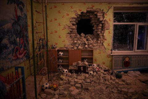 A kindergarten that officials say was damaged by shelling is seen in Stanytsia Luhanska, Ukraine, on February 17. No lives were lost, but it was a stark reminder of the stakes for people living near the front lines that separate Ukrainian government forces from Russian-backed separatists.