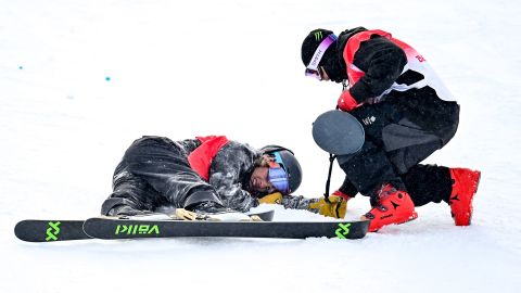 Ben Harrington of New Zealand is checked on by Gus Kenworthy of Great Britain, right, during the men's freeski halfpipe qualification event on day 13 of the Beijing 2022 Winter Olympic Games at Genting Snow Park in Zhangjiakou, China Genting Snow Park on February 17, 2022 in Zhangjiakou, China.