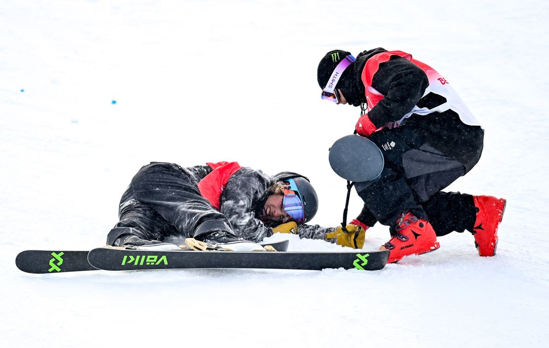 Ben Harrington of New Zealand is checked on by Gus Kenworthy of Great Britain, right, during the men's freeski halfpipe qualification event on day 13 of the Beijing 2022 Winter Olympic Games at Genting Snow Park in Zhangjiakou, China Genting Snow Park on February 17, 2022 in Zhangjiakou, China.