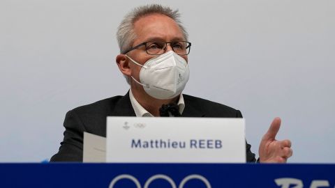 Court of Arbitration for Sport (CAS) director general Matthieu Reeb speaks during a press comference at the 2022 Winter Olympics on Feb. 14, 2022, in Beijing.