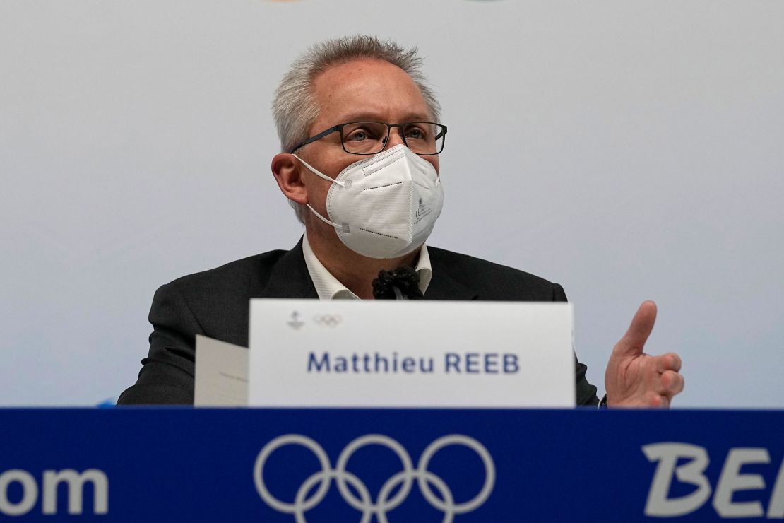 Court of Arbitration for Sport (CAS) director general Matthieu Reeb speaks during a press comference at the 2022 Winter Olympics on Feb. 14, 2022, in Beijing.