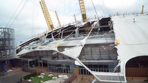 Large sections of the O2 Arena rooftop were blown off on Friday.