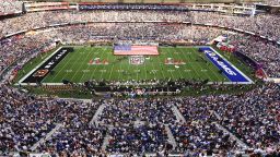 Aerial view of the US flag on field during anthem before Los Angeles Rams vs Cincinnati Bengals Super Bowl LVI game at SoFi Stadium in Inglewood, CA, on February 13. 