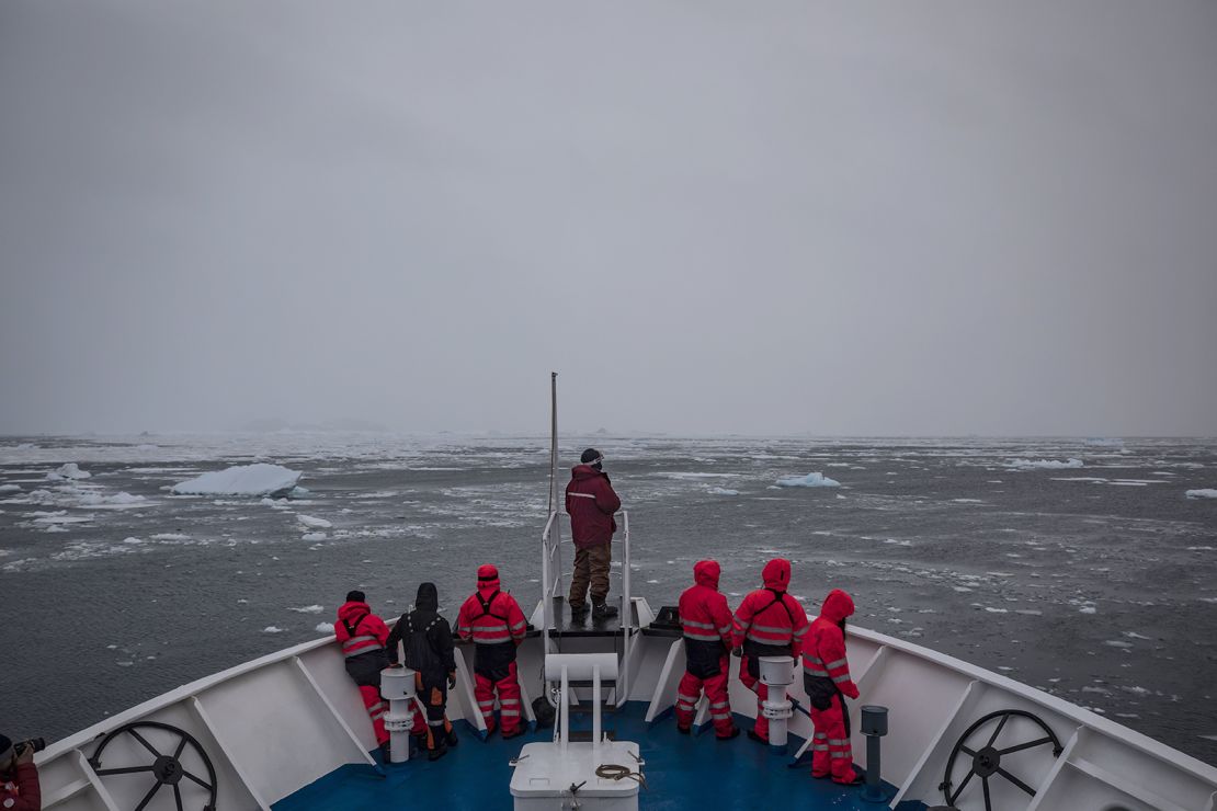 A Turkish science expedition vessel creeps through Grandidier Channel and Penola Strait in Antarctica on February 7, moving slowly to avoid icebergs.