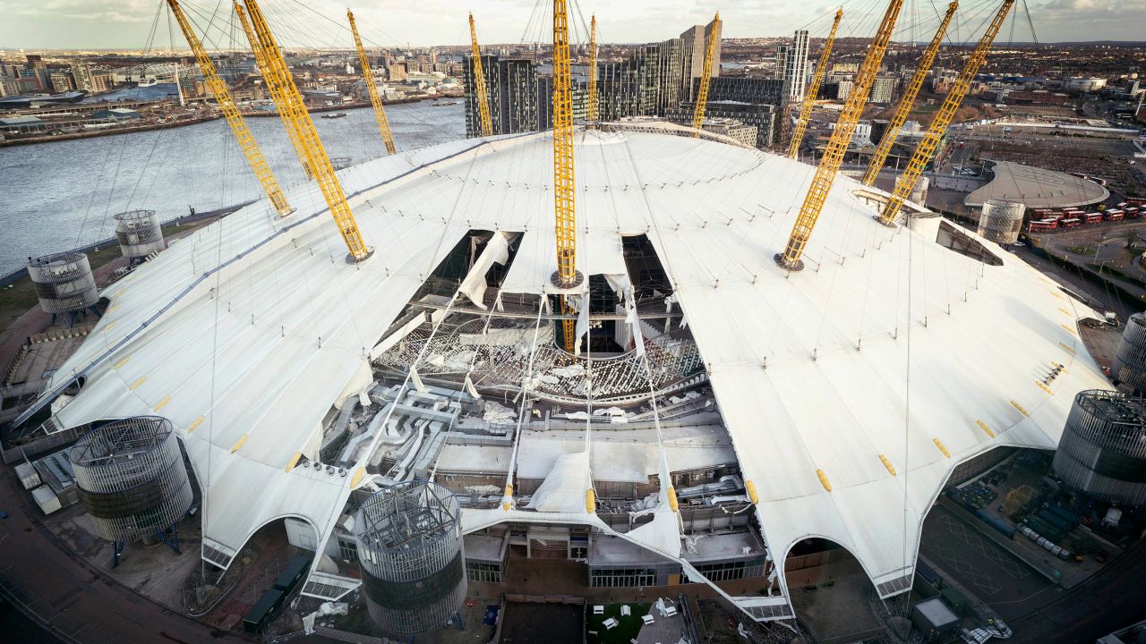 Large sections of the O2 Arena rooftop were blown off on Friday.