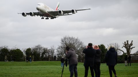 An aircraft struggles against the crosswinds as it comes in to land at Heathrow Airport on February 18.