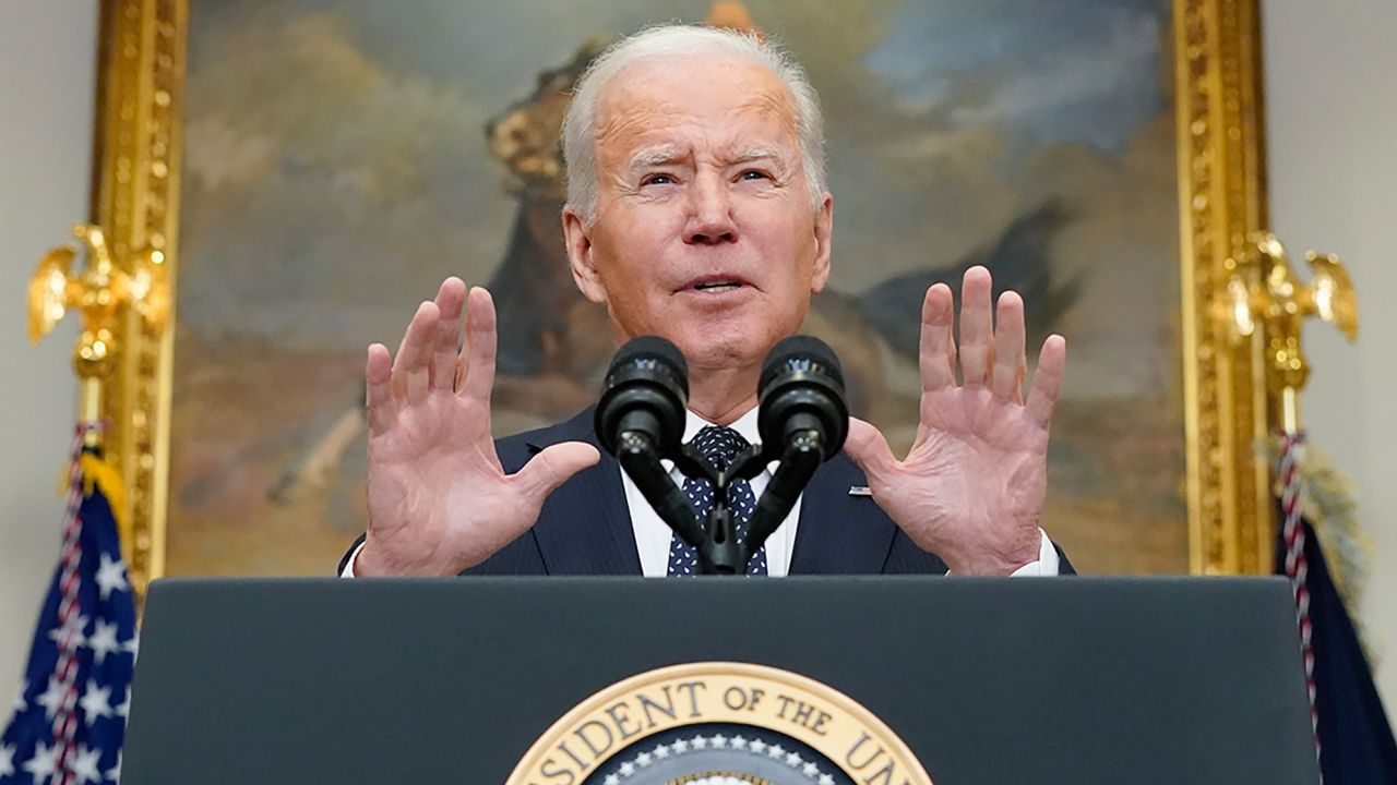 President Joe Biden speaks about Ukraine in the Roosevelt Room of the White House, Friday, Feb. 18, 2022, in Washington. (AP Photo/Alex Brandon)