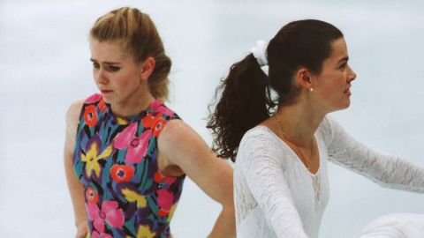 US figure skater Tonya Harding and Nancy Kerrigan take a break during training in 1994.