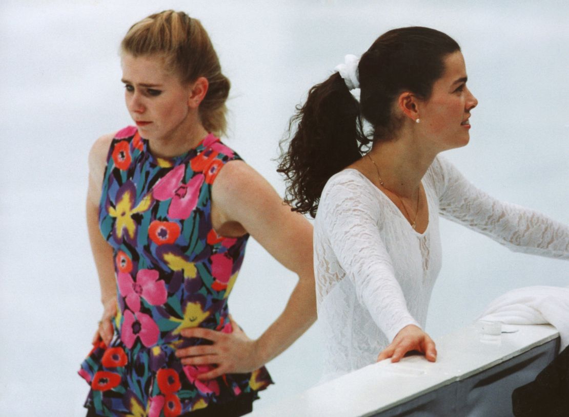 US figure skater Tonya Harding and Nancy Kerrigan take a break during training in 1994.