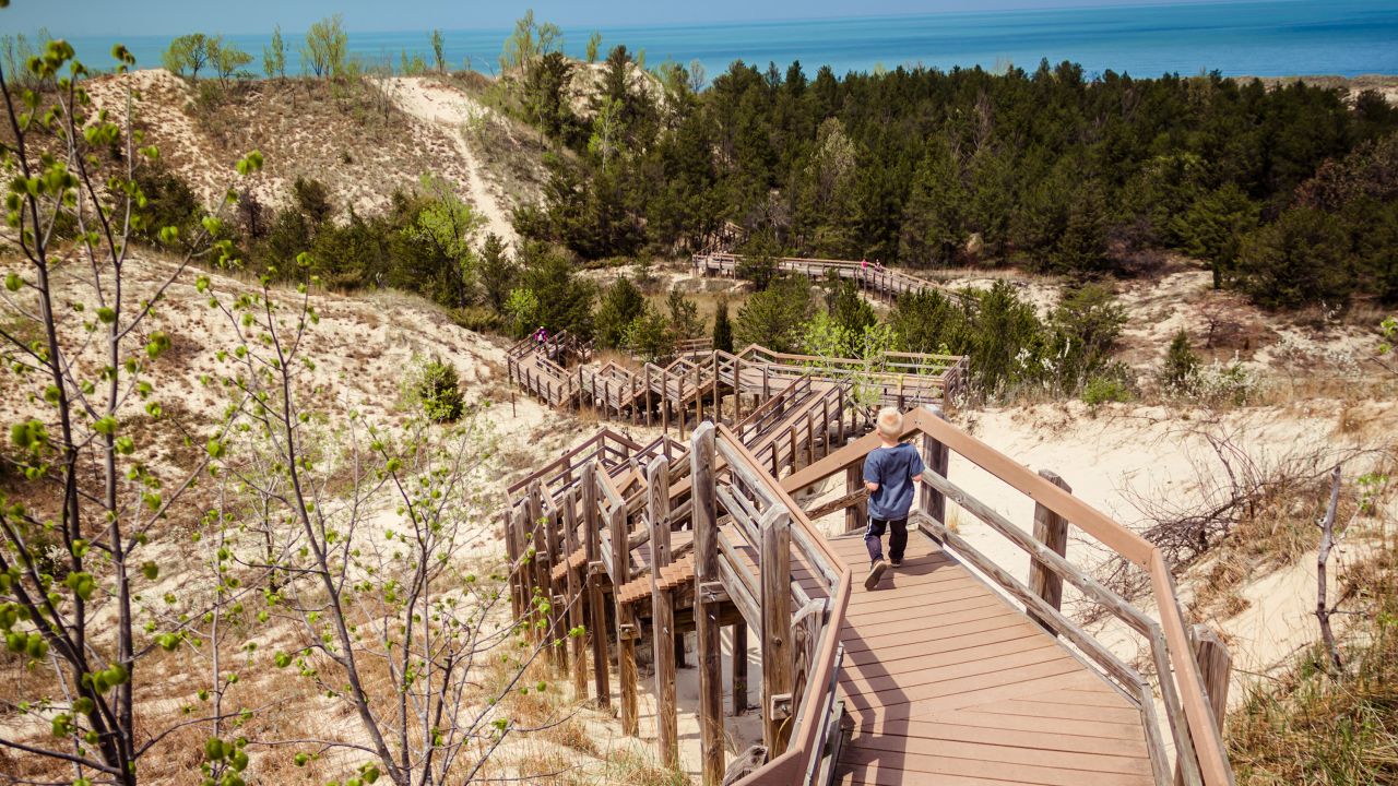 A boardwalk leads down a dune at Indiana Dunes National Park, which will be instituting an entry fee.