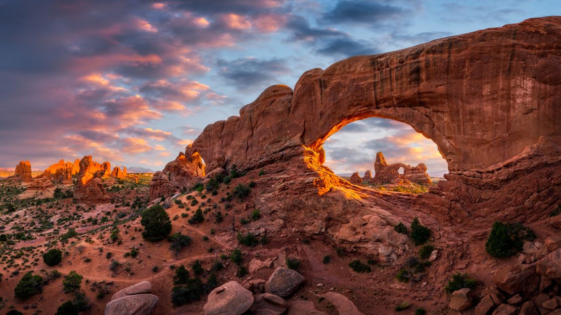 Sunset at Arches National Park, Utah. Normally $30 per vehicle, the park has free entry on Saturday.