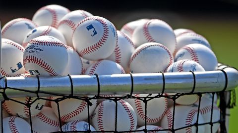 Detailed view of major league balls used for batting practice by the the Seattle Mariners for the game against the Los Angeles Angels at Angel Stadium of Anaheim on July 16, 2021 in Anaheim, California.