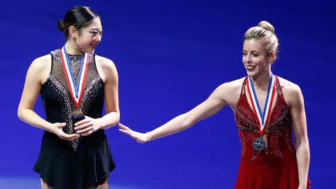 Mirai Nagasu (L) and Ashley Wagner (R) on the podium together.