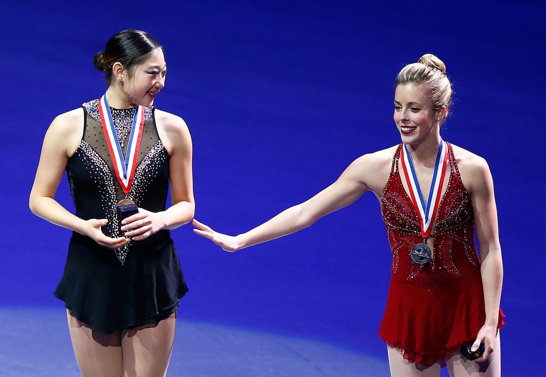 Mirai Nagasu (L) and Ashley Wagner (R) on the podium together.