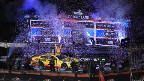 Michael McDowell celebrates in victory lane after winning the 2021 Daytona 500.