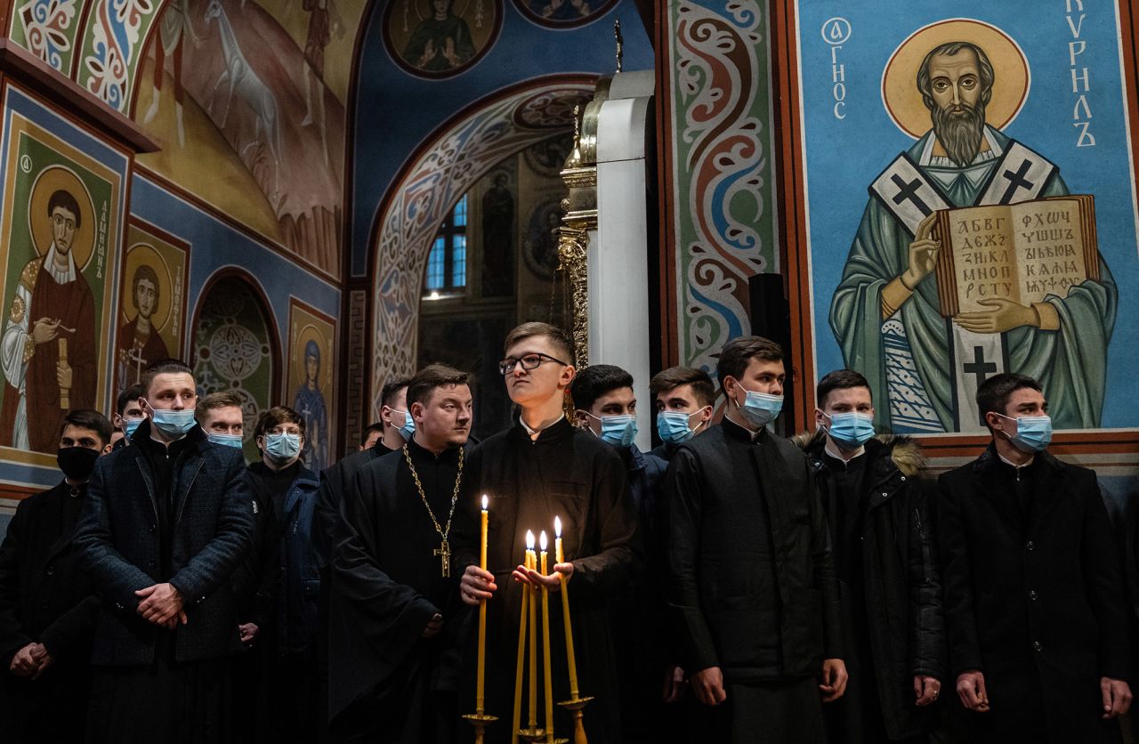A memorial service and candlelight vigil is held at the St. Michael's Golden-Domed Monastery in Kyiv on February 18. They honored <a target=