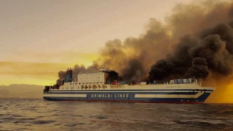 The ferry is seen on fire near the island of Corfu, Greece, on Friday, February 18, 2022.