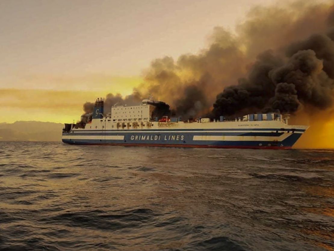 The ferry is seen on fire in the Ionian Sea near the island of Corfu, Greece, on Friday.