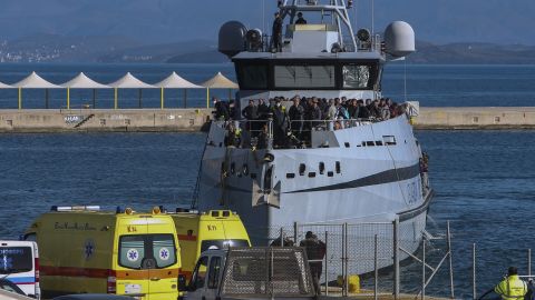 The Italian customs inspection vessel Monte Sperone carrying passengers evacuated from a ferry arrives at Corfu.
