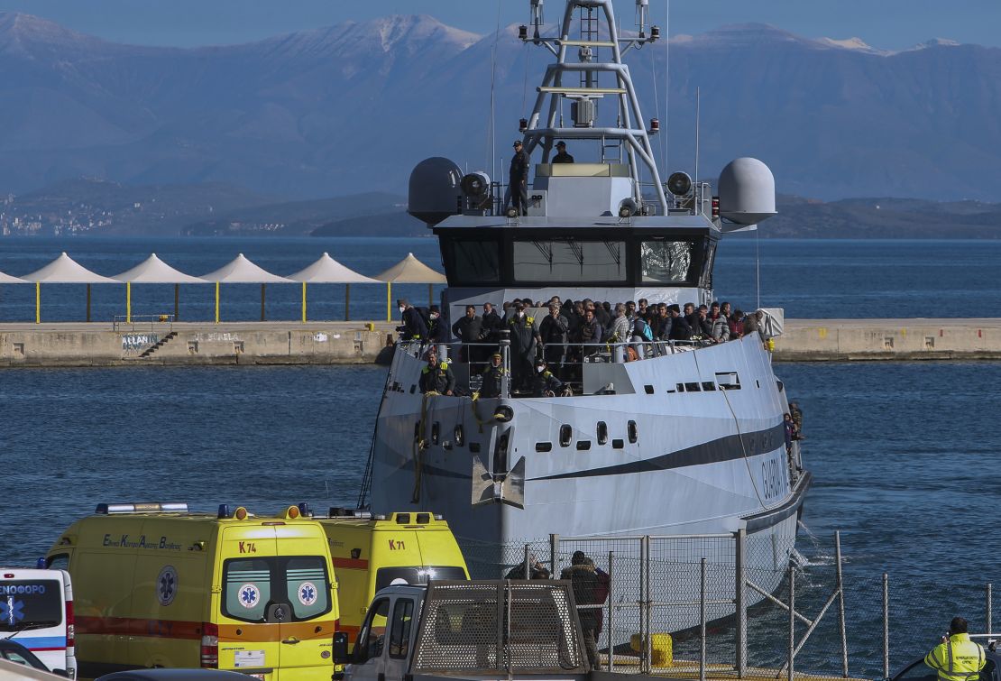 The Italian customs inspection vessel Monte Sperone carrying passengers evacuated from a ferry arrives at Corfu.