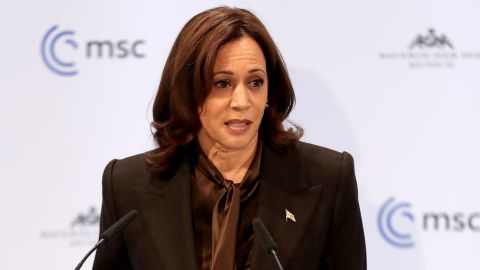 Vice president Kamala Harris speaks at the 2022 Munich Security Conference in Munich, Germany on Saturday, February 19, 2022.