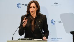 US Vice President Kamala Harris speaks at the Munich Security Conference (MSC) in Munich, southern Germany, on February 19, 2022.