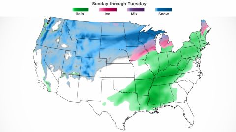 Snow (blue), rain (green), and ice (pink) accumulations across the contiguous US Sunday through Tuesday this week.