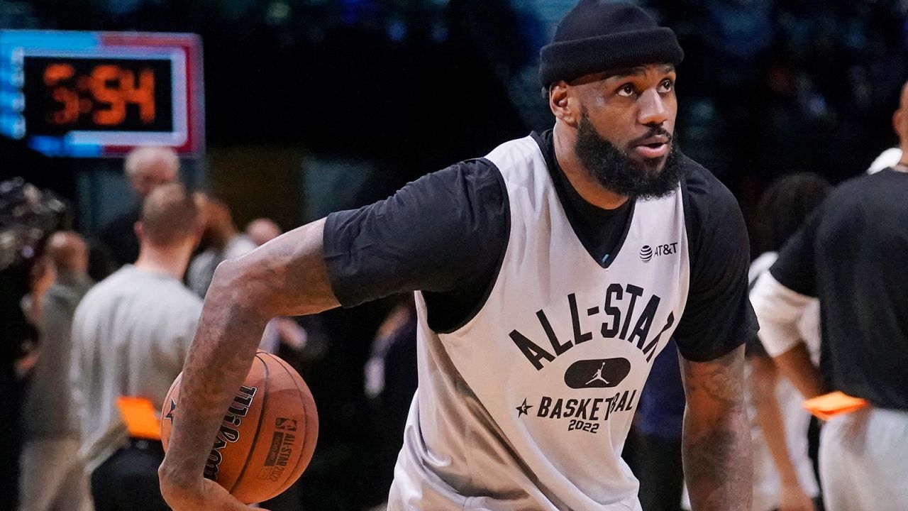 LeBron James prepares to shoot during a practice session for the NBA All-Star game in Cleveland, Saturday, Feb. 19, 2022.