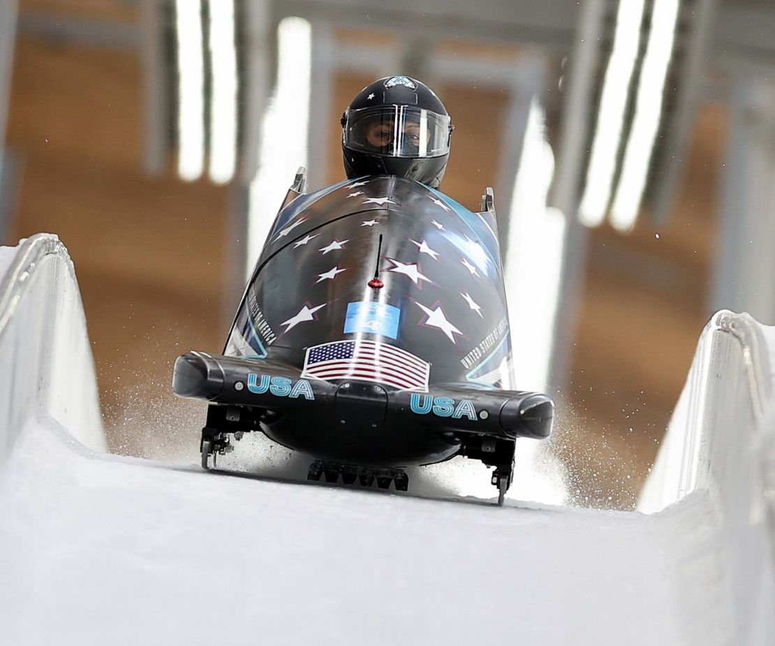 Meyers Taylor competes during the bobsleigh women's monobob heat at the National Sliding Centre in Yanqing District, Beijing, capital of China on February 14. 