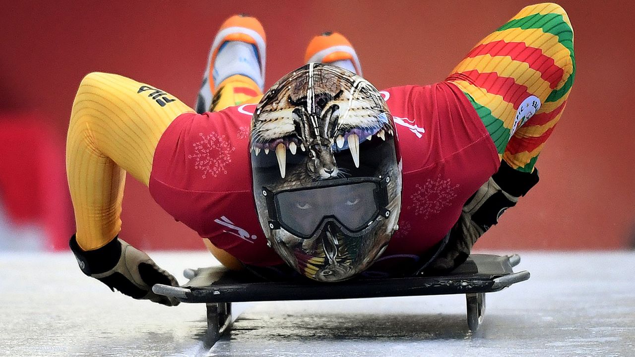 Akwasi Frimpong of Ghana starts his men's skeleton training session at the Olympic Sliding Centre, during the PyeongChang 2018 Winter Olympic Games on February 12, 2018.
