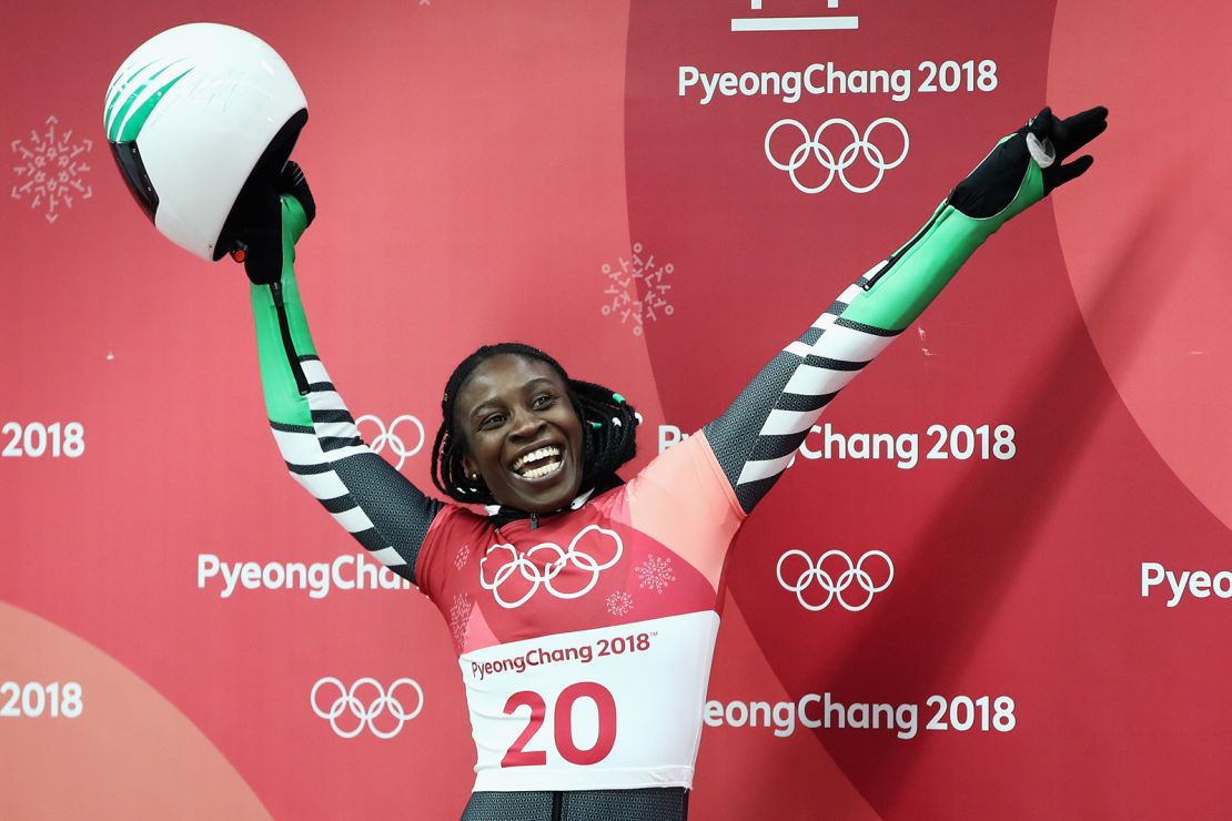 Simidele Adeagbo of Nigeria reacts as she finishes a run during the Women's Skeleton on day eight of the PyeongChang 2018 Winter Olympic Games on February 17, 2018.