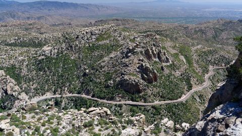 The scenic Mt. Lemmon Highway near Tucson, Arizona, offers a challenging trek for cyclists.