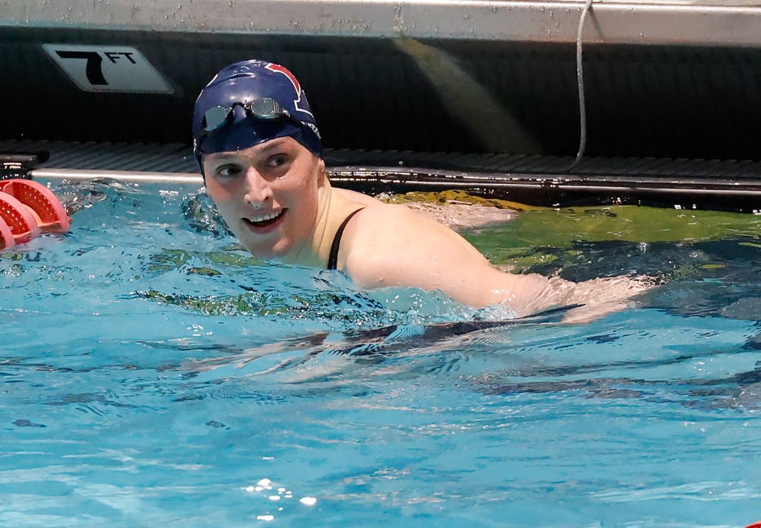 Pennsylvania's Lia Thomas smiles after winning the 100-yard freestyle final at the Ivy League women's swimming and diving championships at Harvard University, on Saturday, February 19, 2022.