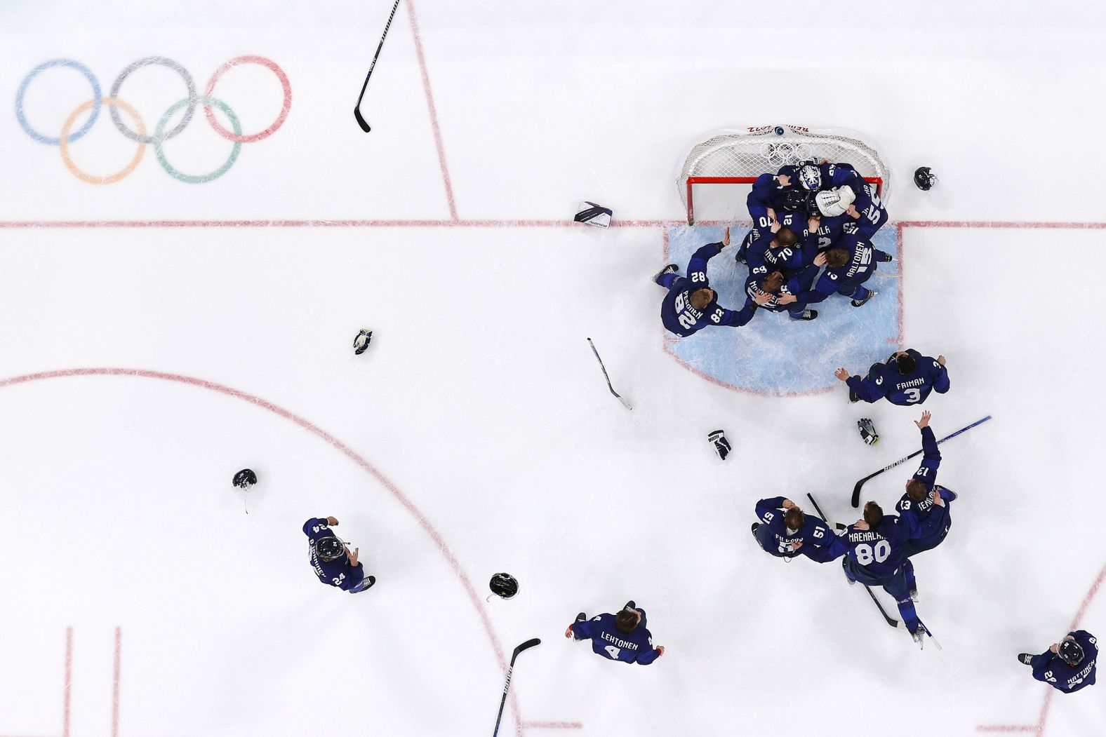 Finnish hockey players celebrate after <a href="index.php?page=&url=https%3A%2F%2Fwww.cnn.com%2Fworld%2Flive-news%2Fbeijing-winter-olympics-02-20-22-spt%2Fh_94a648690d62e878f575425a9c226f9e" target="_blank">they defeated the Russian Olympic Committee team 2-1 in the gold-medal game</a> on February 20. It's the first Olympic gold for Finland in men's hockey.