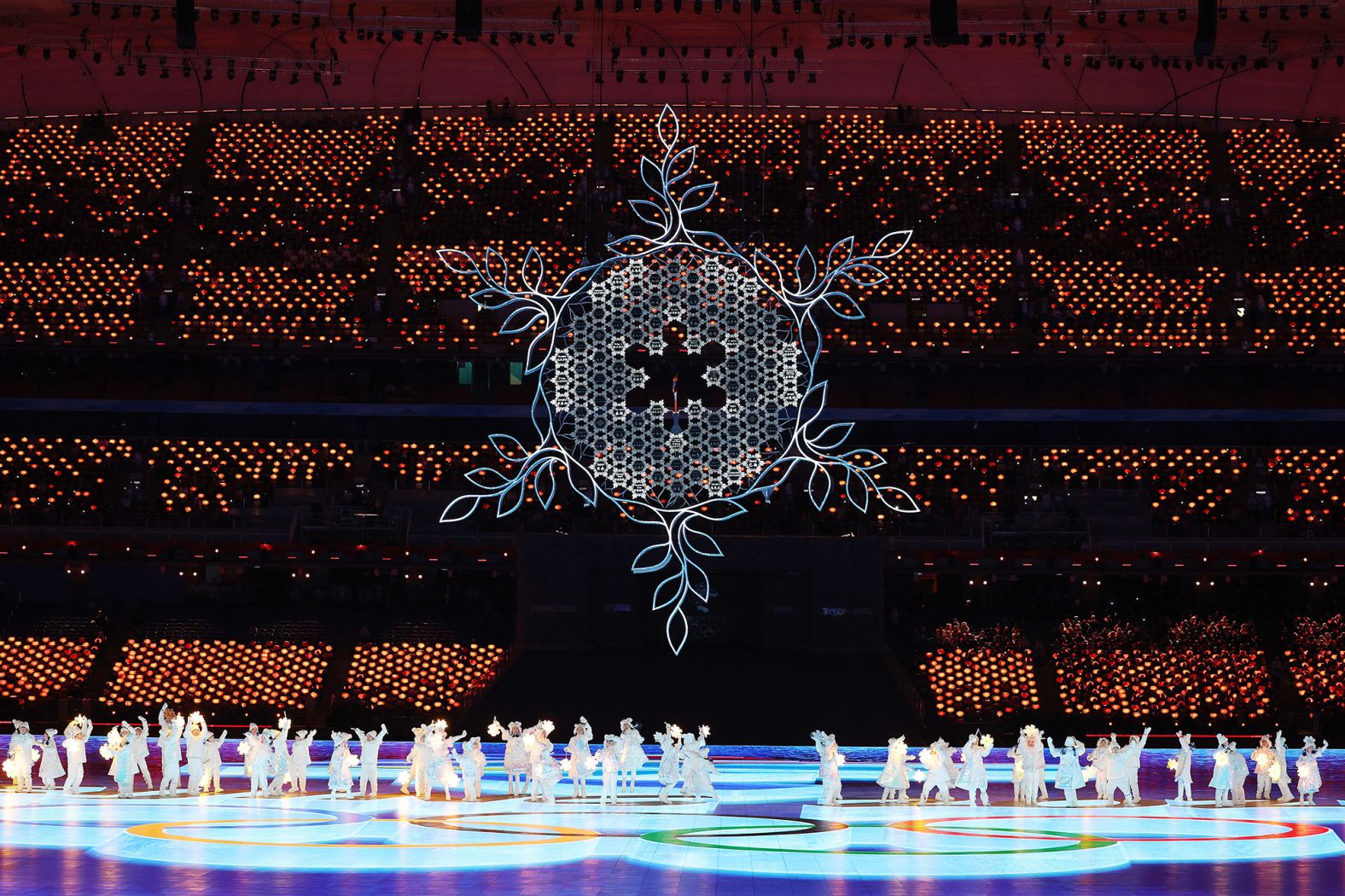 The Olympic cauldron is seen inside of the Beijing National Stadium.