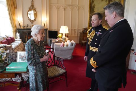 The Queen meets with Rear Admiral James Macleod, the outgoing Defence Services secretary, and Macleod's successor, Major General Eldon Millar, at Windsor Castle in February 2022. It was a few days before Buckingham Palace announced that the Queen <a href="https://www.cnn.com/2022/02/20/uk/queen-elizabeth-coronavirus-intl-gbr/index.html" target="_blank">tested positive for Covid-19.</a>