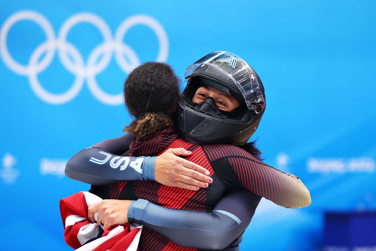 Americans Elana Meyers Taylor and Sylvia Hoffman celebrate after winning bronze in the two-woman bobsled event in Beijing on Saturday, February 19. It was Meyers Taylor's fifth Olympic medal, making her <a href="https://www.cnn.com/2022/02/19/sport/elana-meyers-taylor-most-decorated-black-athlete-winter-olympics-history-spt-intl/index.html" target="_blank">the most decorated Black athlete</a> in Winter Olympics history.