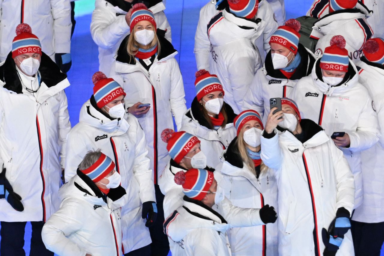 Norway's delegation enters the stadium during the closing ceremony. Norwegian athletes <a href="https://www.cnn.com/2022/02/20/sport/norway-beijing-2022-medal-table-spt-intl/index.html" target="_blank">won the most medals in these Olympics</a> and set a record for most golds in one year by one country.