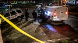 Portland police investigate a shooting, which officials said left one dead and five others injured, on February 19, 2022 in Portland, Oregon.