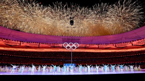 BEIJING, CHINA - FEBRUARY 20: A firework display is seen inside the stadium alongside the Olympic rings during the Beijing 2022 Winter Olympics Closing Ceremony on Day 16 of the Beijing 2022 Winter Olympics at Beijing National Stadium on February 20, 2022 in Beijing, China. (Photo by Maja Hitij/Getty Images)