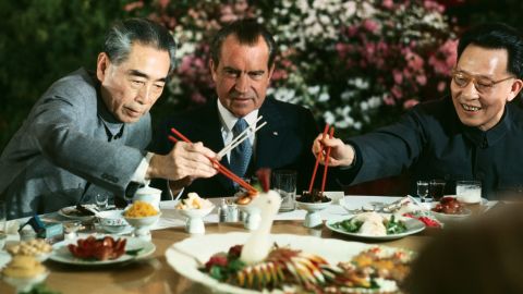 President Richard Nixon with Premier Zhou Enlai (left) and Shanghai Communist Party leader Zhang Chunqiao at a farewell banquet during Nixon's visit to China in 1972.
