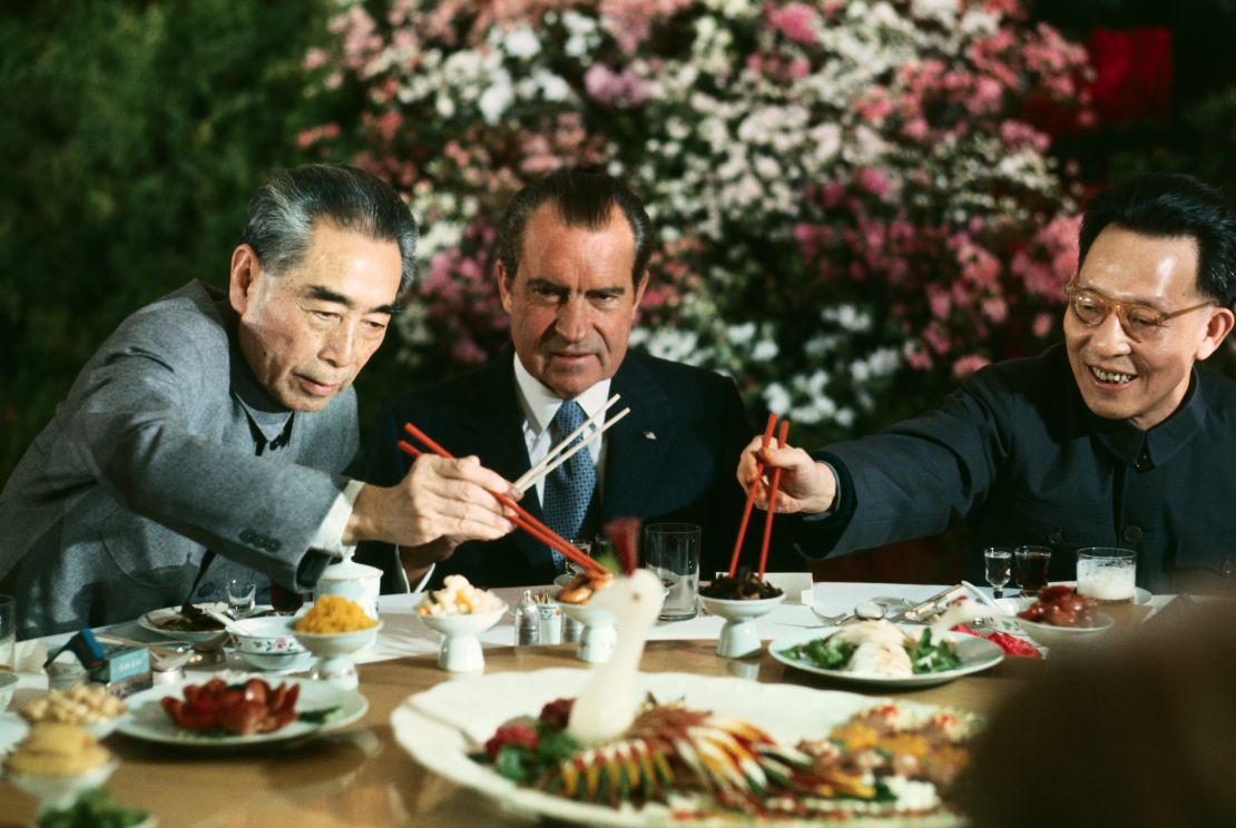 President Richard Nixon with Premier Zhou Enlai (left) and Shanghai Communist Party leader Zhang Chunqiao at a farewell banquet during Nixon's visit to China in 1972.