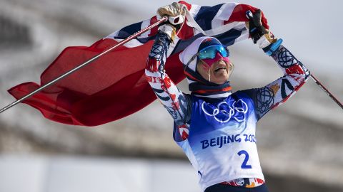Norway's Therese Johaug  celebrates winning gold in the 30km cross-country skiing on Saturday.